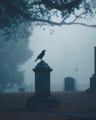 Dark Raven Silhouette on Cemetery Gravestone in Heavy Fog