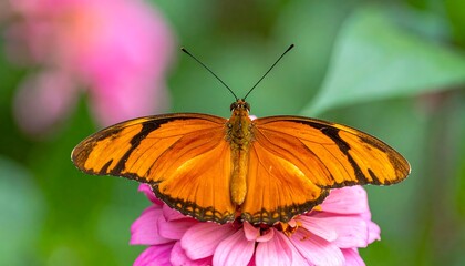 Butterfly with orange wings perched atop a bright pink flower