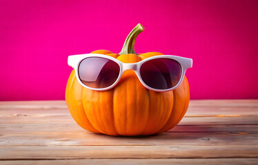 Halloween pumpkin with sun glasses isolated on pink background
