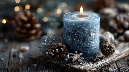blue Christmas candle on rustic wooden boards - Decoration with natural elements, twigs, pine cones and cookies - First Advent Sunday , Advent banner, panorama with magic bokeh lihgts- generative AI
