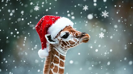 Baby giraffe wearing a Santa hat, looking up at snowflakes .