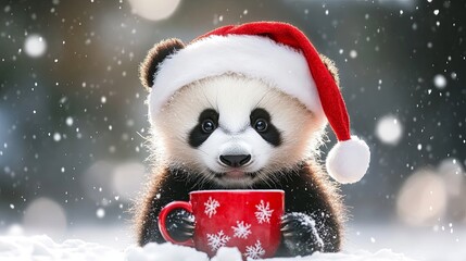 Baby panda wearing a Santa hat, sipping hot cocoa .