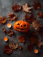 Spooky Jack O Lantern Pumpkin Surrounded by Autumn Leaves and Candles on Dark Background