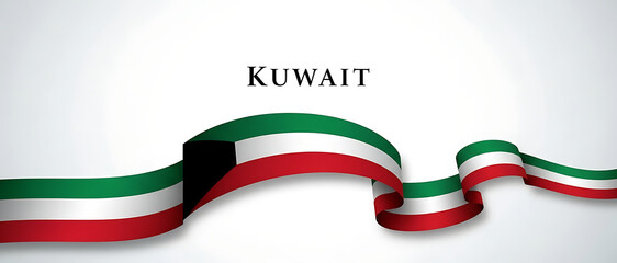 Elegant kuwaiti flag ribbon waving gracefully against a clean white background with the country name