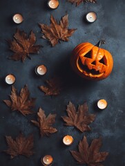 Spooky Halloween pumpkin Jack o'Lantern fall leaves and glowing candles