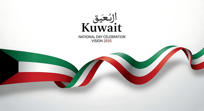 Kuwait national day celebration with waving flag and arabic text
