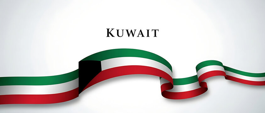 Elegant kuwaiti flag ribbon waving gracefully against a clean white background with the country name
