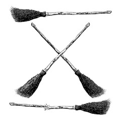 flying broomstick, depicted in a vintage sketch style. The artwork captures a magical and mystical atmosphere, perfect for fantasy themes, witchcraft design, or Halloween decorations.