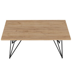 Contemporary dining table in loft style with black metal frame and wooden tabletop. Minimalist kitchen or dining room furniture on white background.