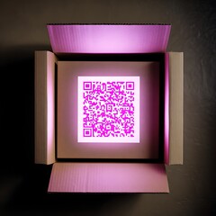 Cardboard box opening reveal glowing pink QR code surprise delivery package