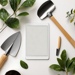 Top view gardening tools tablet mockup on white background