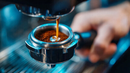 Close-up of barista tamping ground coffee into a metal portafilter with warm lighting