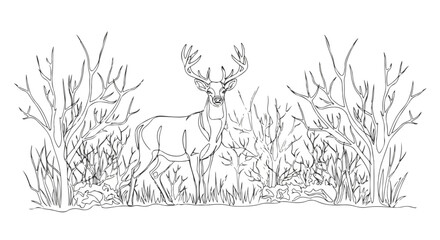 Naklejka premium One line drawing of a majestic deer in a winter thicket. Minimalist stag animal outline. Nature and wildlife art for coloring book