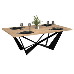 Contemporary dining table in loft style with black metal frame and wooden tabletop. Minimalist kitchen or dining room furniture on white background.
