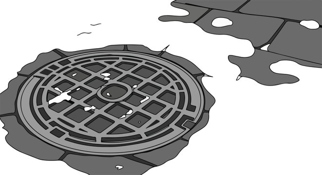 Urban manhole cover with snow in a graphic style. Winter street scene with cobblestone pavement. Grayscale vector drawing isolated on white background