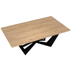 Contemporary dining table in loft style with black metal frame and wooden tabletop. Minimalist kitchen or dining room furniture on white background.