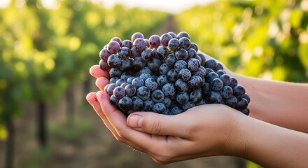 Hands holding a generous bunch of ripe purple grapes in a sun-drenched vineyard, ready for harvest and winemaking.