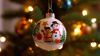 Christmas Baubles with Snowman. Christmas Decoration on the Christmas tree. Selective focus. Holiday. Christmas Baubles. Christmas. Merry Christmas Concept. New Year. Happy New Year Concept.