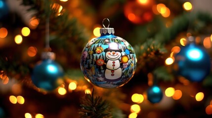 Christmas Baubles with Snowman. Christmas Decoration on the Christmas tree. Selective focus. Holiday. Christmas Baubles. Christmas. Merry Christmas Concept. New Year. Happy New Year Concept.