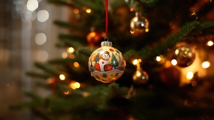 Christmas tree with baubles and lights on blurred background, closeup. Christmas Baubles. Christmas. Merry Christmas Concept. Happy New Year Concept.