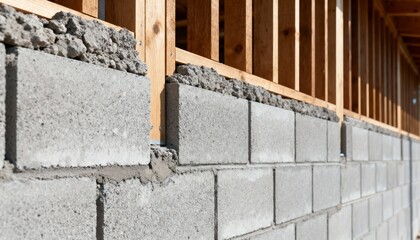 Medium shot of mixedmaterial loadbearing wall combining concrete blocks and timber elements illustrating hybrid construction techniques.