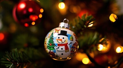 Christmas Baubles with Snowman. Christmas Decoration on the Christmas tree. Selective focus. Holiday. Christmas Baubles. Christmas. Merry Christmas Concept. New Year. Happy New Year Concept.