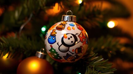 Christmas ball on the Christmas tree. New Year's toy in the form of a snowman. Christmas Baubles. Christmas. Merry Christmas Concept. Happy New Year Concept.