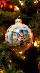 Christmas Baubles with Snowman. Christmas Decoration on the Christmas tree. Selective focus. Holiday. Christmas Baubles. Christmas. Merry Christmas Concept. New Year. Happy New Year Concept.