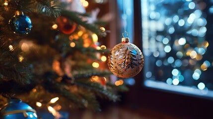 Close up of christmas ball on tree with bokeh background. Christmas Baubles. Christmas. Merry Christmas Concept. Happy New Year Concept.