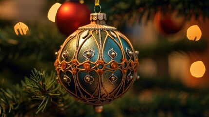 Christmas ornaments on the Christmas tree. Christmas and New Year background. Christmas Baubles. Christmas. Merry Christmas Concept. Happy New Year Concept.