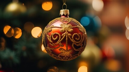 Christmas decoration on the background of the Christmas tree and bokeh. Christmas Baubles. Christmas. Merry Christmas Concept. Happy New Year Concept.