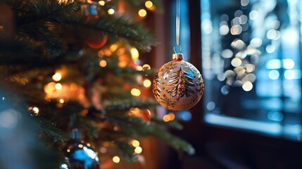 Close up of christmas ball on tree with bokeh background. Christmas Baubles. Christmas. Merry Christmas Concept. Happy New Year Concept.