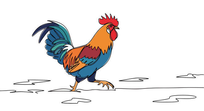A colorful rooster drawn in a continuous one-line art style. Modern minimalist farm animal graphic. Stylized cockerel symbol isolated on a white background