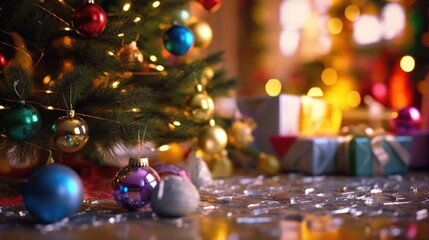 Decorated Christmas tree on blurred background with bokeh lights. Christmas Baubles. Christmas. Merry Christmas Concept. Happy New Year Concept.