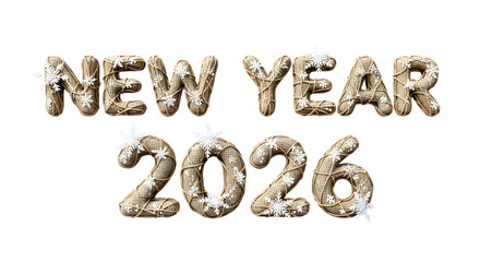Fototapeta premium Golden new year 2026 text with snowflakes isolated on transparent background