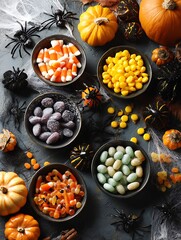 Assortment of Halloween Candy Bowls Pumpkins Spiders Cobwebs Flat Lay Overhead