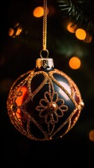 Close up of christmas ball on tree with bokeh background. Christmas Baubles. Christmas. Merry Christmas Concept. Happy New Year Concept.