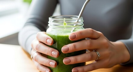 Woman holding a refreshing green smoothie in a glass jar with a straw, promoting healthy lifestyle and nutrition.