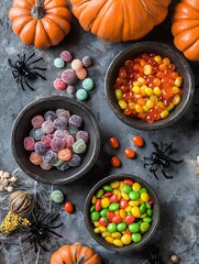 Halloween Trick or Treat Candy Collection Flat Lay with Pumpkins and Spiders