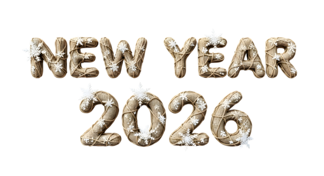 Golden new year 2026 text with snowflakes isolated on transparent background