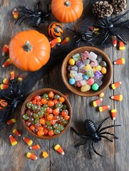 Colorful Halloween Candy Bowls Pumpkins and Spiders on Dark Wood