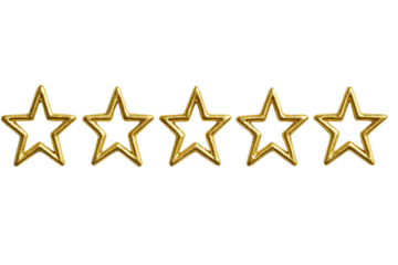 Five shiny gold stars are arranged on a transparent white background. They are presented as hollow outlines, indicating a rating or award system