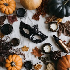 Luxurious autumn flat lay with black masquerade mask pumpkins and moody candles