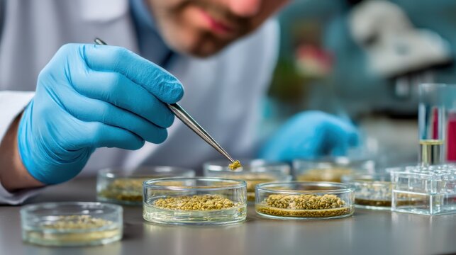 Scientist examines plant samples in laboratory setting during daytime research session