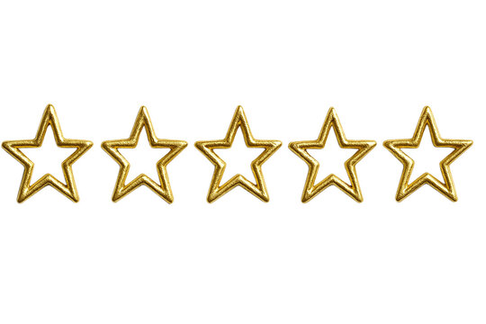 Five shiny gold stars are arranged on a transparent white background. They are presented as hollow outlines, indicating a rating or award system - Powered by Adobe