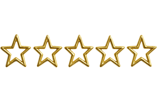 Five shiny gold stars are arranged on a transparent white background. They are presented as hollow outlines, indicating a rating or award system