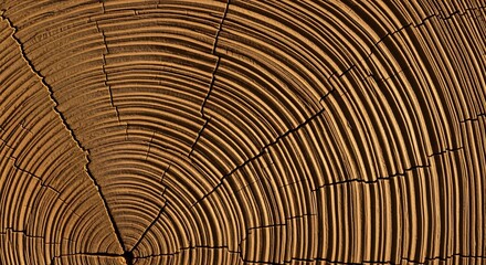 Fototapeta premium A wood crosssection reveals concentric growth rings and radial splits