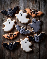 Halloween Ghost and Bat Sugar Cookies on Rustic Wood Background
