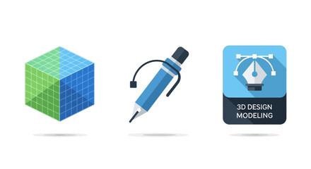 Graphic design elements - 3D cube, pen tool, and 3D design modeling icon.
