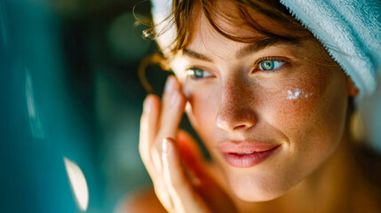 Smiling woman in a towel applying moisturizing cream to her face, symbolizing morning skincare and self-care routine